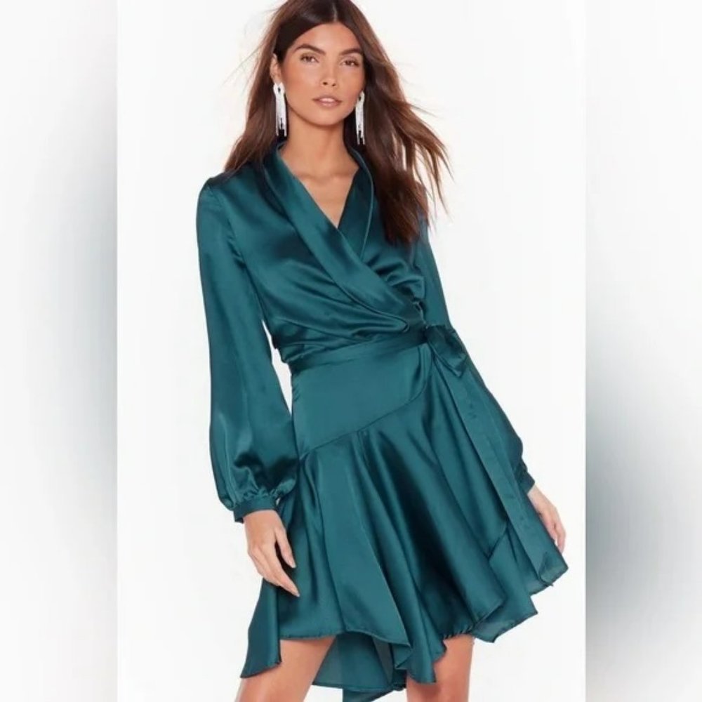 Nasty Gal Teal Satin Wrap Dress ** SZ 10